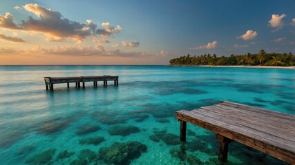 Obraz premium Tranquil Seascape with Crystal Clear Turquoise Waters and Wooden Piers at Sunset on a Tropical Beach Island