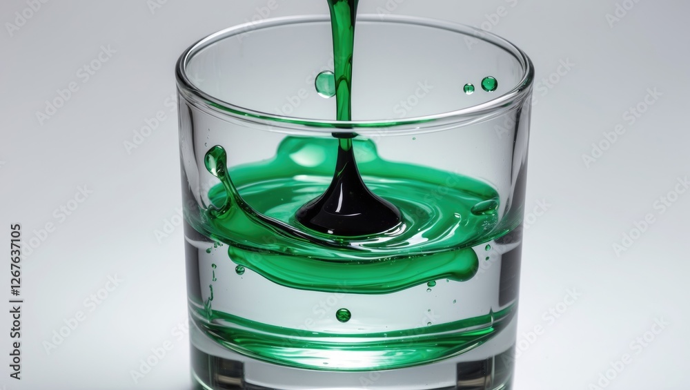 Poster vibrant green ink drop dispersing in a glass of water creating stunning visual effects with clear sp