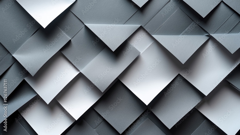Fototapete Textured gray and white paper pattern background with layered diagonal folds for creative design applications