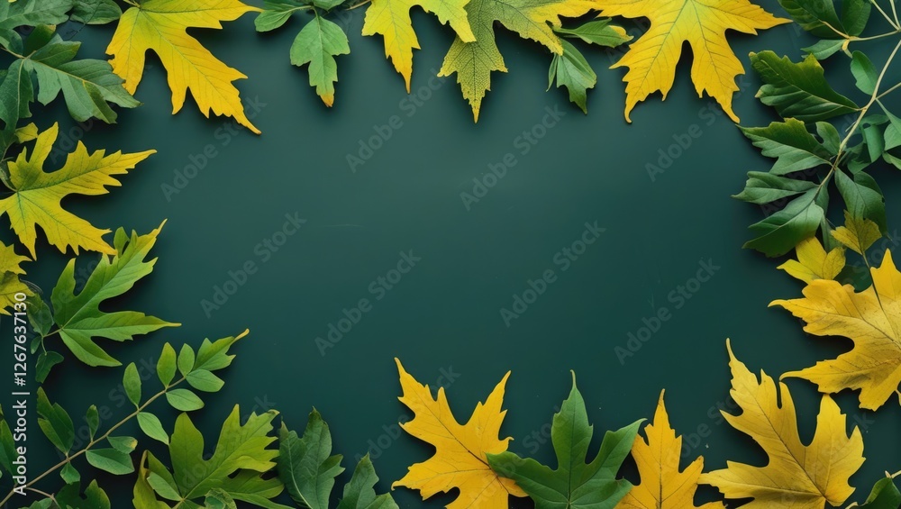 Leinwandbilder autumn leaves in vibrant green and yellow framing a dark background creating an elegant space for te