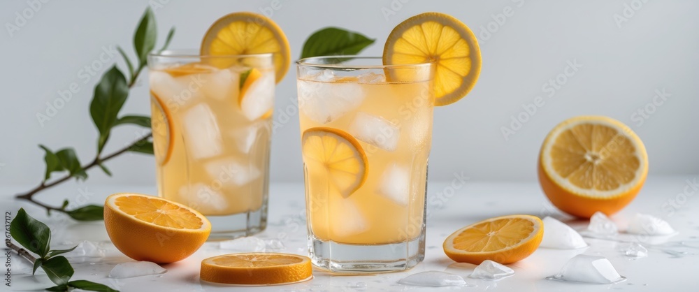 Poster refreshing orange lemonade with ice in glasses on white background ideal for summer promotions and b