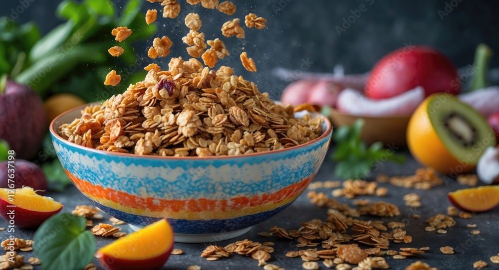 Poster granola cascading into bright bowl surrounded by fresh fruits and vegetables on dark background with
