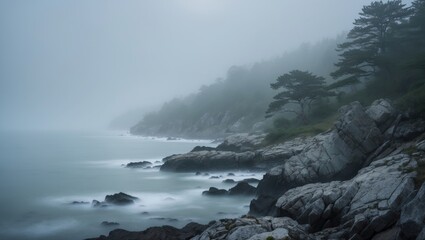 Mysterious Foggy Coastline with Rocky Outcrops and Serene Water Ideal for Text Overlay and Nature Inspired Designs