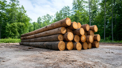 Stacked logs in forest clearing, ready for transport