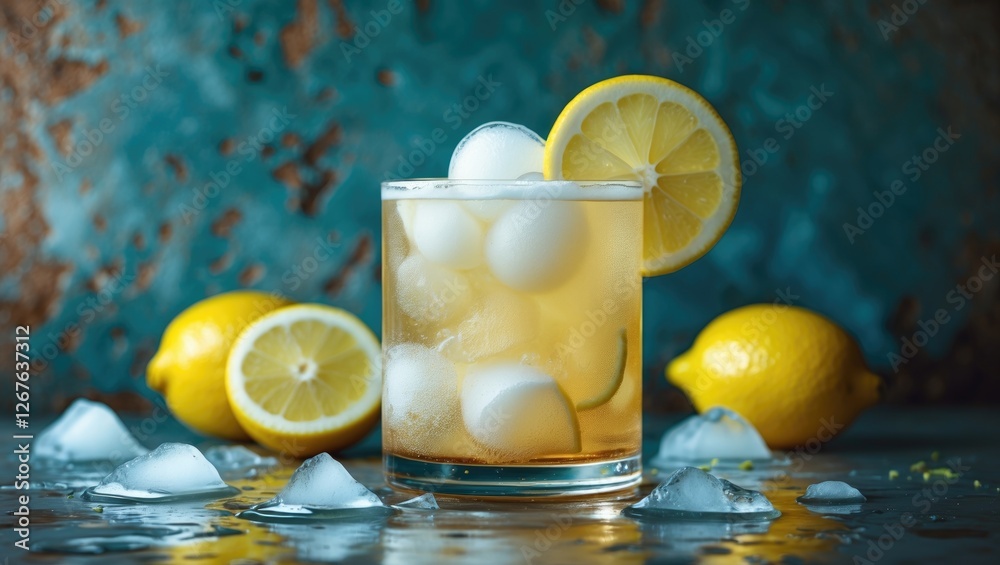 Aufkleber Refreshing Ginger Ale Cocktail with Lemon and Ice on Rustic Background Ideal for Summer Drinks and Beverage Promotions