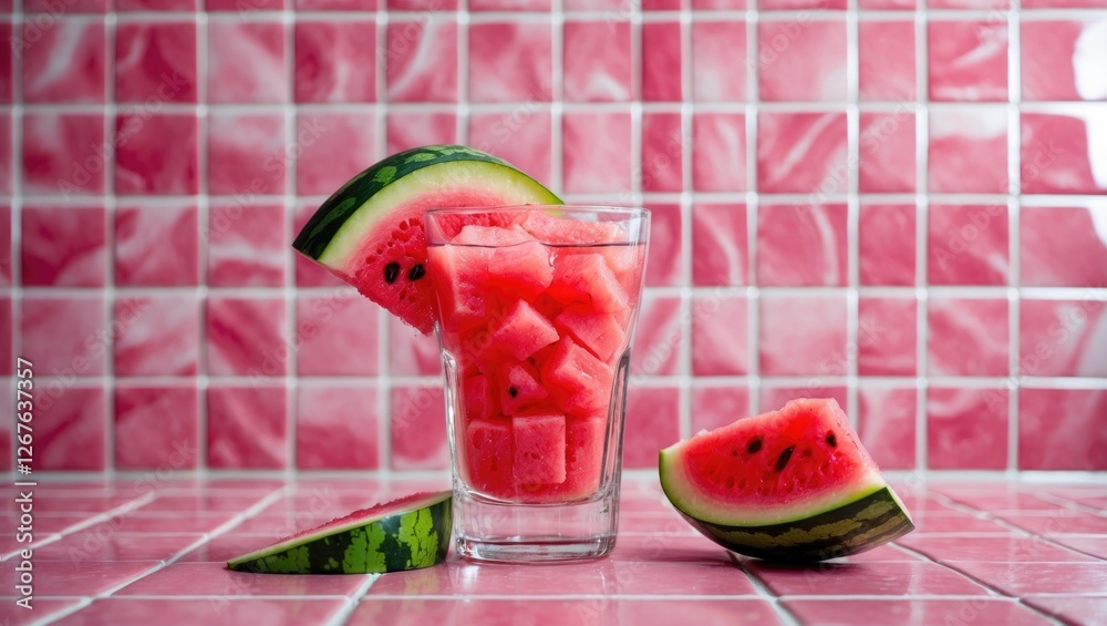 Poster Refreshing Watermelon Cubes in Glass on Pink Tile Background with Empty Space for Text Ideal for Summer Promotions or Health-Related Content