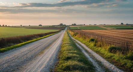 Fototapeta premium Serene Gravel Road Surrounded by Lush Green Fields Under a Beautiful Sky at Dusk