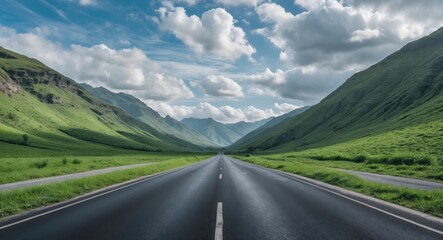 Naklejka premium Scenic Empty Asphalt Road Surrounded By Lush Green Mountains Under A Bright Sky With Clouds Vast Copy Space For Text