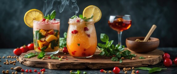 Obraz premium Refreshing colorful cocktails with fresh ingredients on a wooden board against a dark backdrop with space for text.