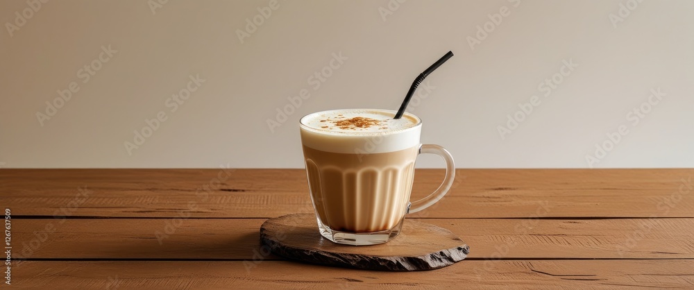 Poster Milk tea latte in clear glass on wooden table with straw and empty space for text or branding design concept.