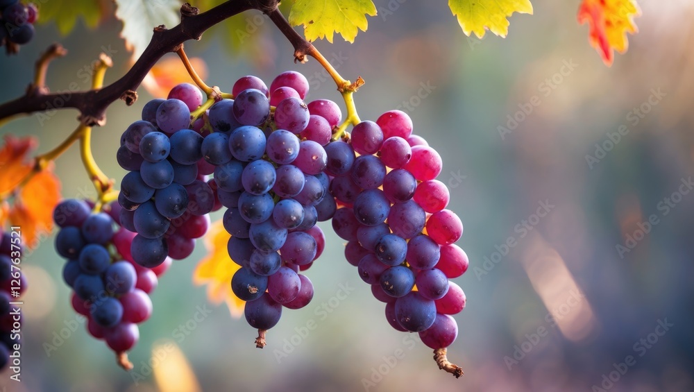 Poster vibrant burgundy grapes hanging on vine branch with soft blurred background for culinary and nature 