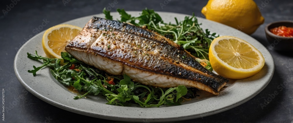 Aufkleber grilled sea bass served with fresh greens and lemon wedges close up with space for text and culinary