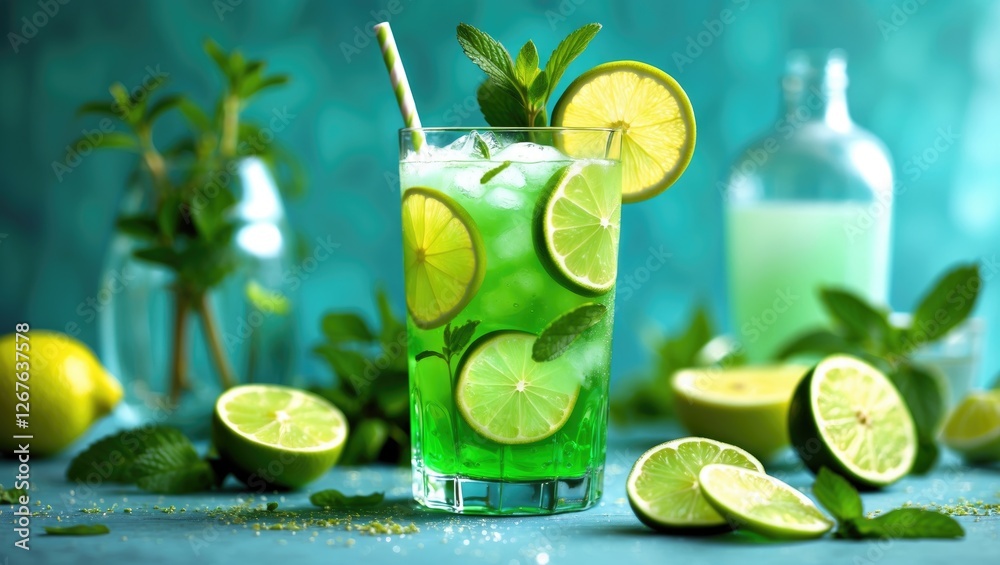 Poster refreshing tarragon lemonade with lime slices and mint garnish served in a tall glass surrounded by 