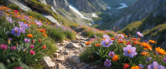 Obraz premium Vibrant Wildflowers Blossoming Along Scenic Mountain Hiking Trail During Summer Day
