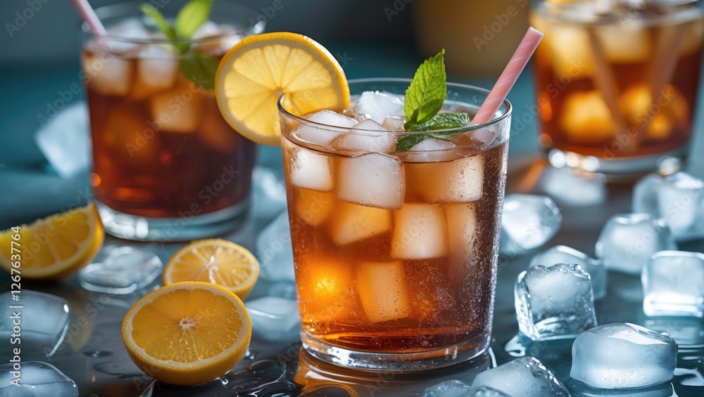 Poster refreshing iced tea beverage with lemon and mint garnish surrounded by ice cubes and fresh lemon sli