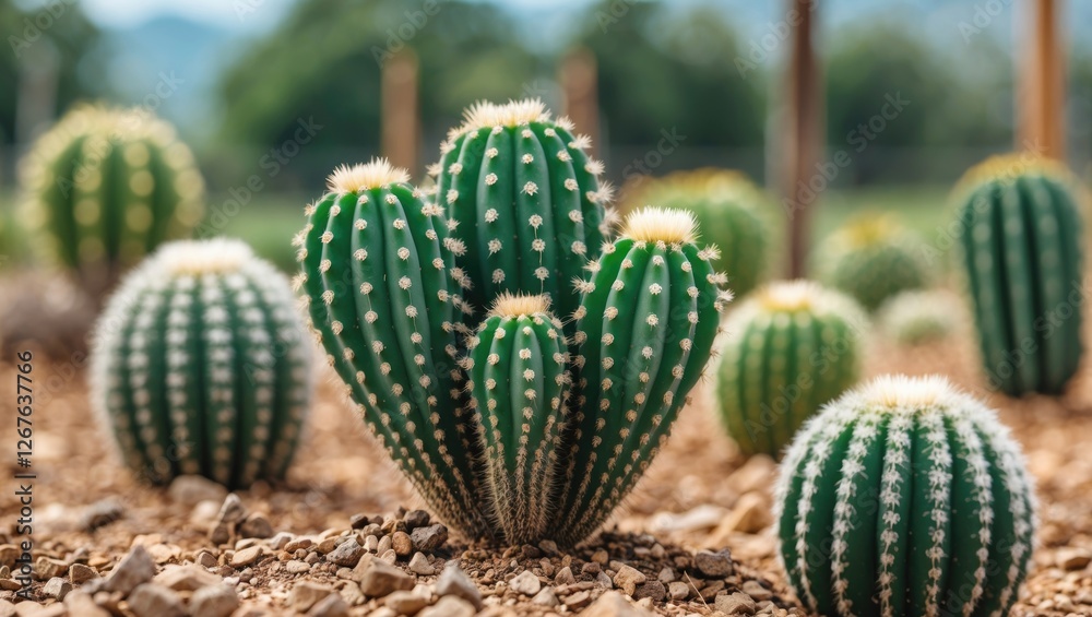 Leinwandbilder Vibrant Astrophytum Myriostigma Cactus in Natural Farm Setting with Abstract Background and Space for Text
