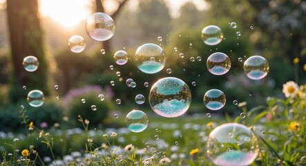 Colorful Soap Bubbles Floating Through a Serene Garden in Morning Light with Space for Custom Text or Messaging