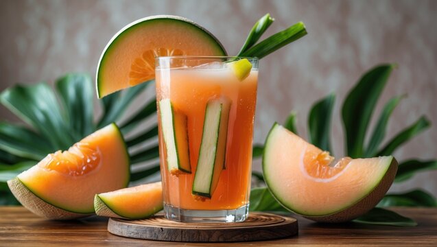 Refreshing Indonesian Es Blewah Cantaloupe Drink with Cocopandan Syrup Garnished with Fresh Melon Slices and Green Stalks on Natural Wood