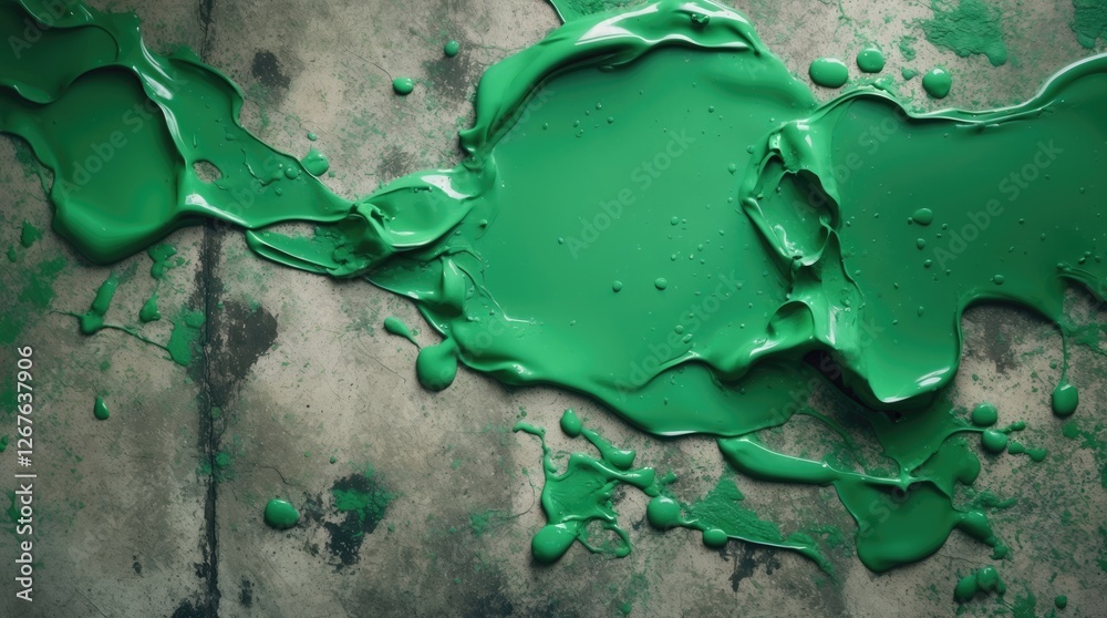 Poster Textured green paint spilled on a concrete floor creating an abstract artistic background for design and aesthetic use.