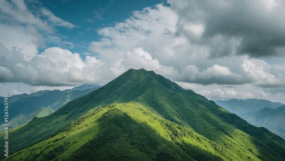 Poster green mountain under cloudy sky with lush greenery showcasing natural beauty and open space for text