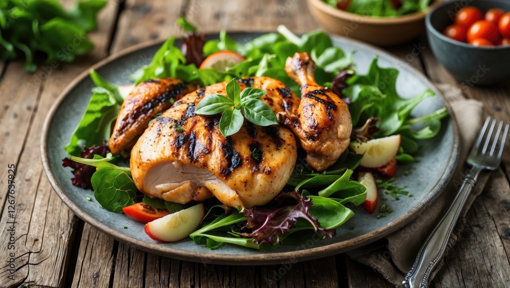 Aufkleber grilled chicken served on a bed of fresh greens with cherry tomatoes and empty space for text on rus