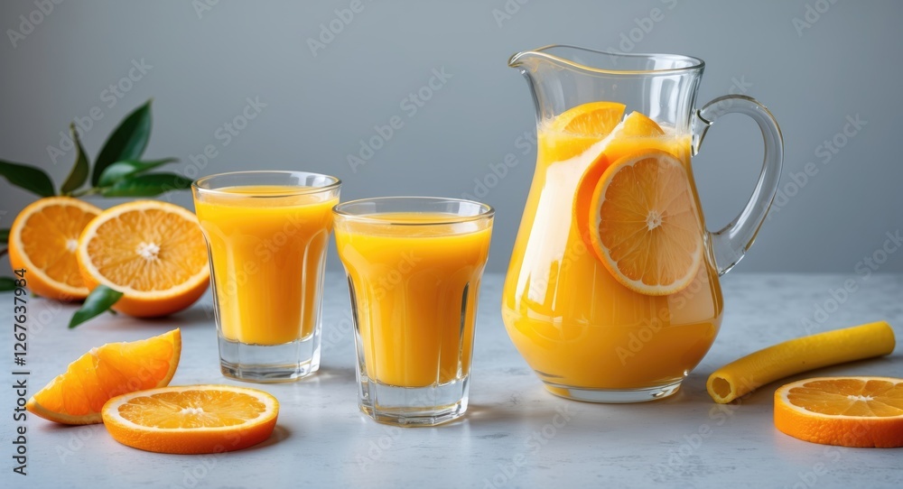 Poster Refreshing pitcher of fresh orange juice with glass cups and orange slices on a light gray table creating a vibrant breakfast setting.