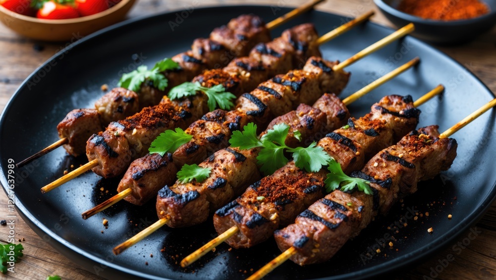 Aufkleber Grilled lula kebabs on skewers garnished with spices and herbs served on a black plate with empty space for text and a rustic background.