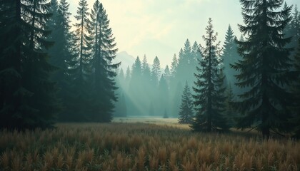 Fototapeta premium Misty forest with tall trees and soft sunlight filtering through.