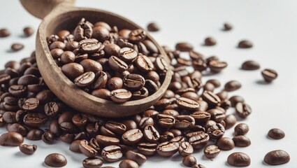 Fototapeta premium Coffee Beans in a Wooden Spoon on a White Background Ideal for Marketing Labels Signs and Announcements Related to Coffee Products