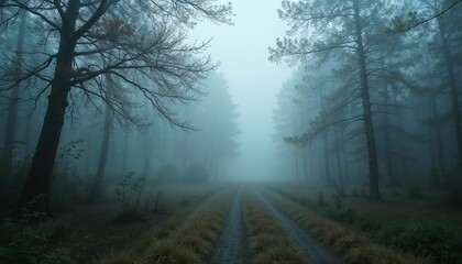 Fototapeta premium Misty forest path with trees and fog in a tranquil setting.