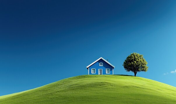 Blue house stands on a lush green hill under a clear blue sky