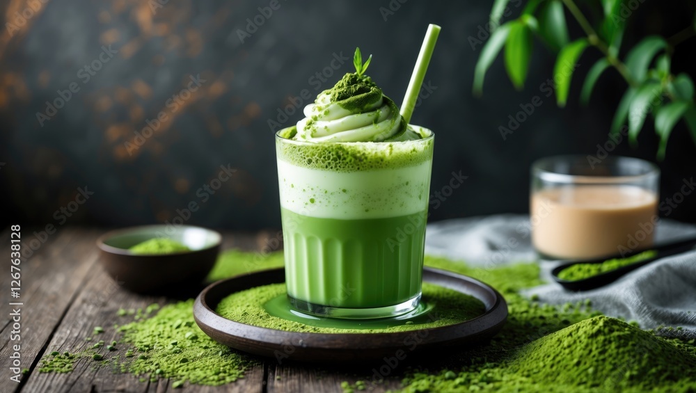Poster refreshing green tea matcha float topped with whipped cream served in a glass, surrounded by matcha 