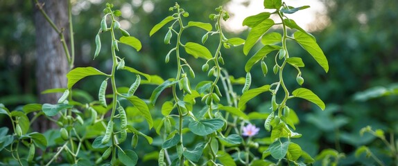 Fototapeta premium Healthy flat bean vines with flowers and pods thriving in a backyard garden, featuring lush green leaves and space for text.