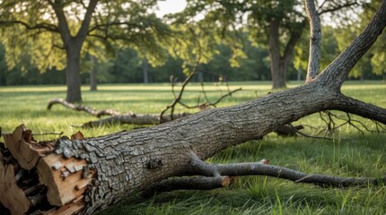 Fallen tree branch on grassy field highlighting intricate tree trunk texture amidst serene natural landscape and dappled sunlight.