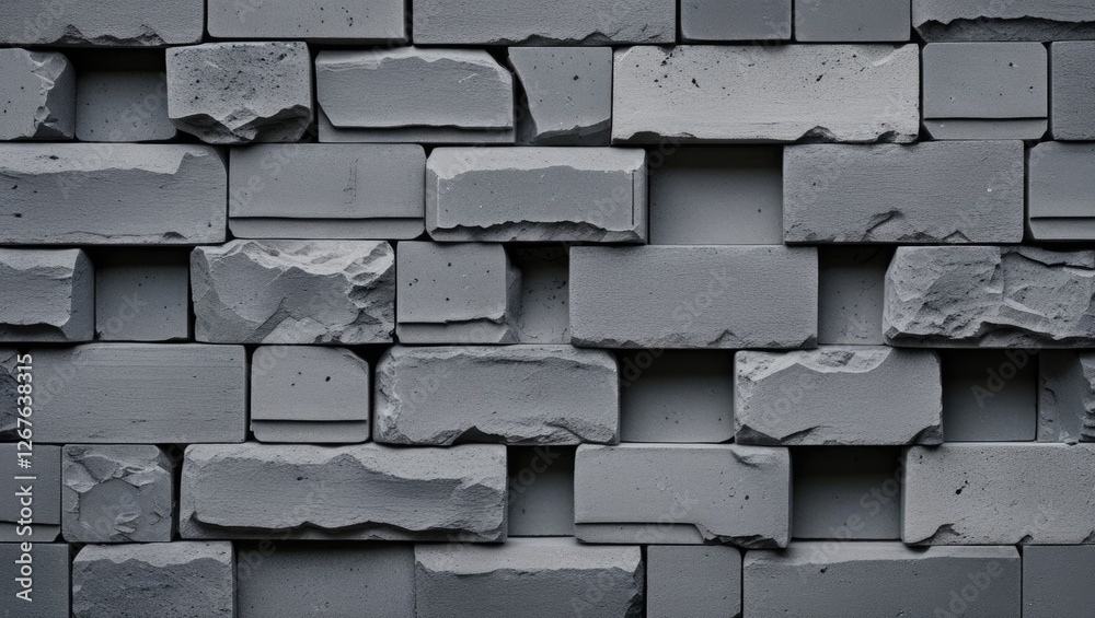 Poster Gray brick wall featuring a variety of sized and textured bricks in a modern architectural design for background or texture use
