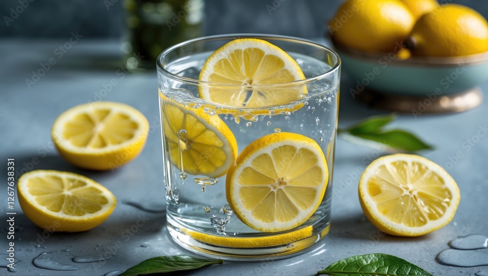 Poster refreshing glass of sparkling water with lemon slices surrounded by fresh lemons and green leaves on