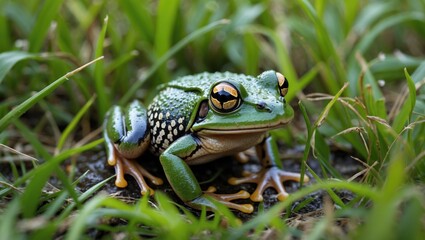Obraz premium Colorful Frog Resting on Green Grass Surrounded by Nature in a Scenic Outdoor Environment