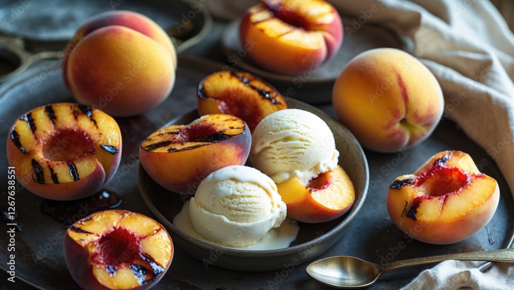 Poster grilled peaches and nectarines with vanilla ice cream served on a rustic plate for a delightful summ