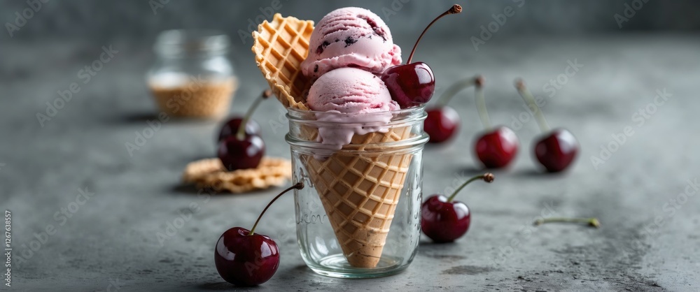 Poster cherry ice cream in a waffle cone served in a glass jar with fresh cherries on a textured concrete t