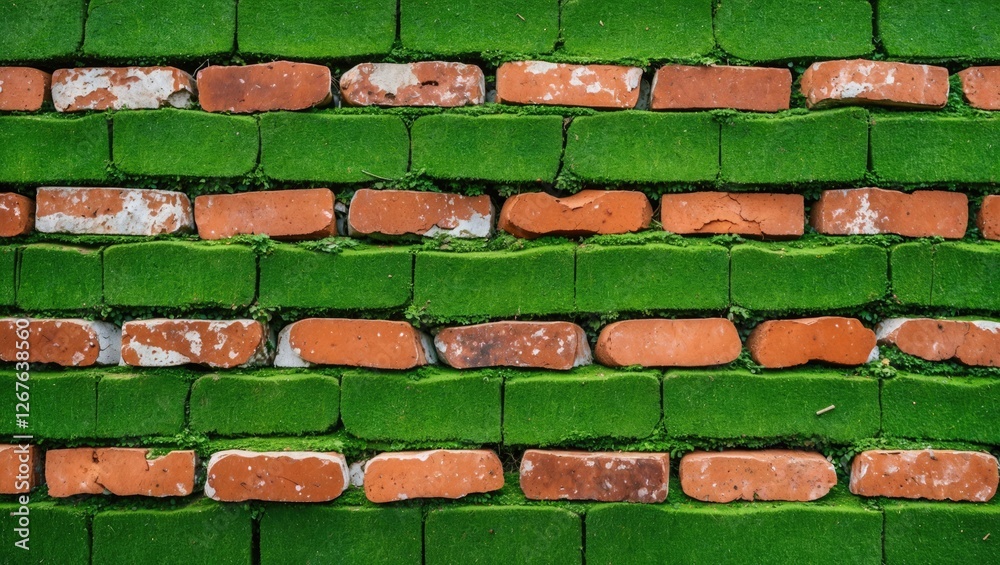 Poster Vibrant green moss covering aged brick wall creating a unique and textured background showcasing nature's reclaiming of architecture