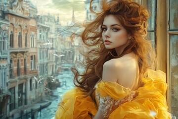 Young woman in yellow dress gazing out at a serene urban landscape during golden hour