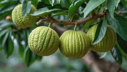 Obraz premium Ripening Green Pomelo Fruit Hanging on Tree Branch Surrounded by Vibrant Green Leaves in Lush Tropical Environment