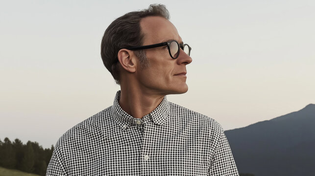 Man in Glasses and Checkered Shirt Looking at Mountainous Horizon
