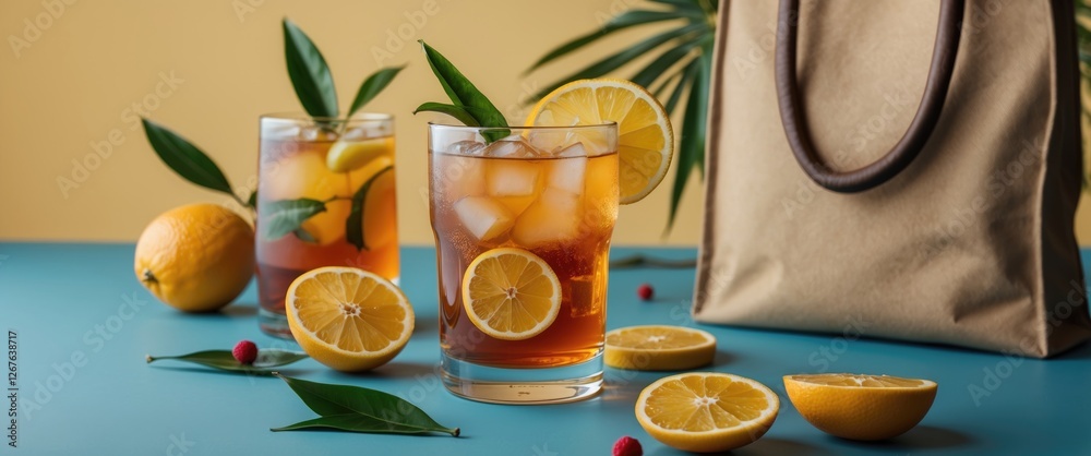Poster iced tea with citrus fruits and leaves displayed alongside a stylish bag on a vibrant background sho