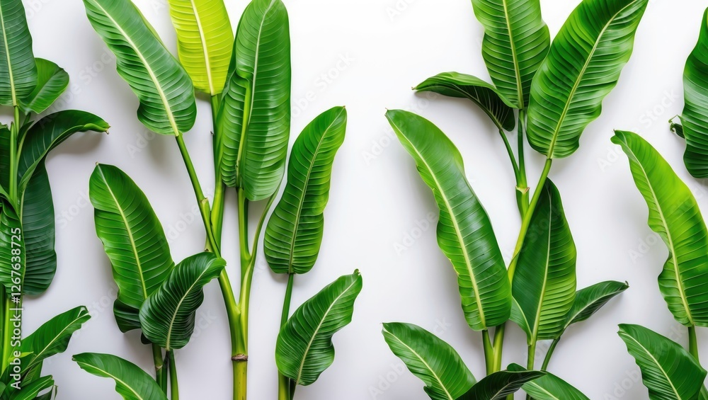 Poster tropical green banana leaves isolated on white background with copy space for text decoration or nat