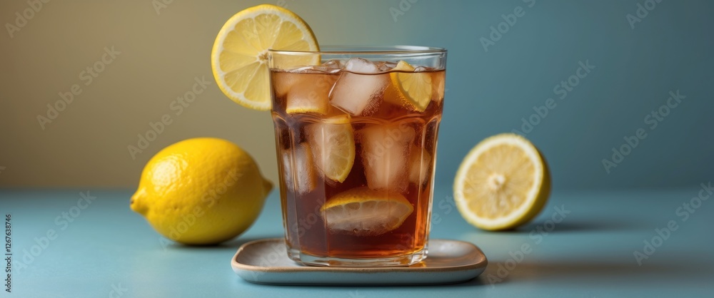 Poster Refreshing Iced Tea with Lemon Slices and Ice Cubes on a Soft Colored Background Perfect for Summer Beverage Promotions