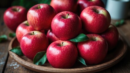 Vibrant Red Apples Piled on a Rustic Wooden Plate with Fresh Green Leaves on a Warm Wooden Table Background
