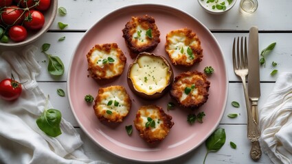 Fried Camembert Cheese Bites Served on a Pink Plate with Fresh Herbs and Cherry Tomatoes on a White Wooden Table, Overhead View.