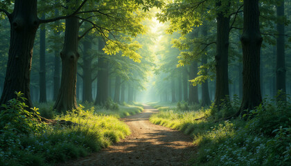 Fototapeta premium Quiet forest path illuminated by sunlight, in landscape painting style