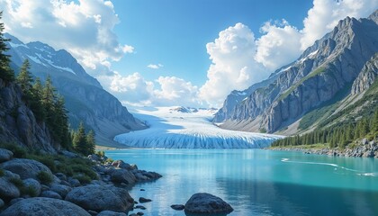 Scenic mountain landscape with a glacier, lake, and rocky shoreline, in realistic 3D graphics style